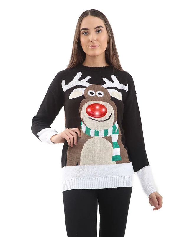 Christmas Unisex Men Women Jumper Nose LED Light Up Rudolph Novelty Sweater Top